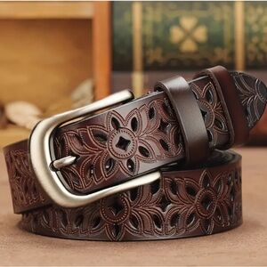 Brown Leather Belt with Silver Buckle and Floral Embossing
